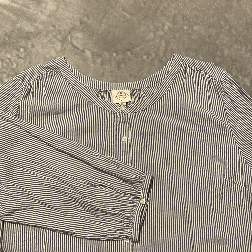 St John's Bay‎ Top Women Sz 0X Blue White Stripe  Balloon Sleeve Beachy Peasant